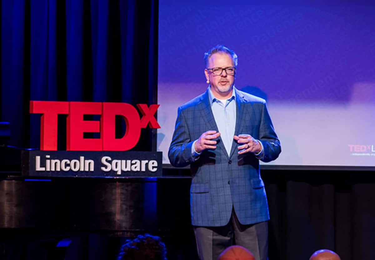 Nathan Chappell speaking on the TEDx Lincoln Square stage