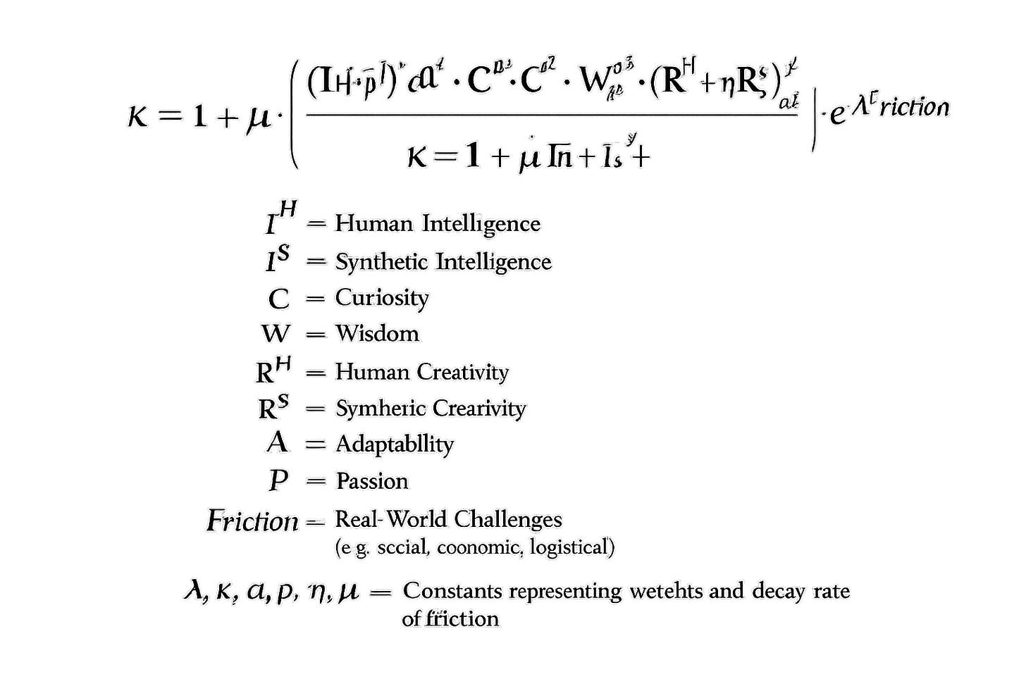 Equation connecting human and synthetic intelligence with curiosity, wisdom, creativity, adaptability, passion, and real-world friction